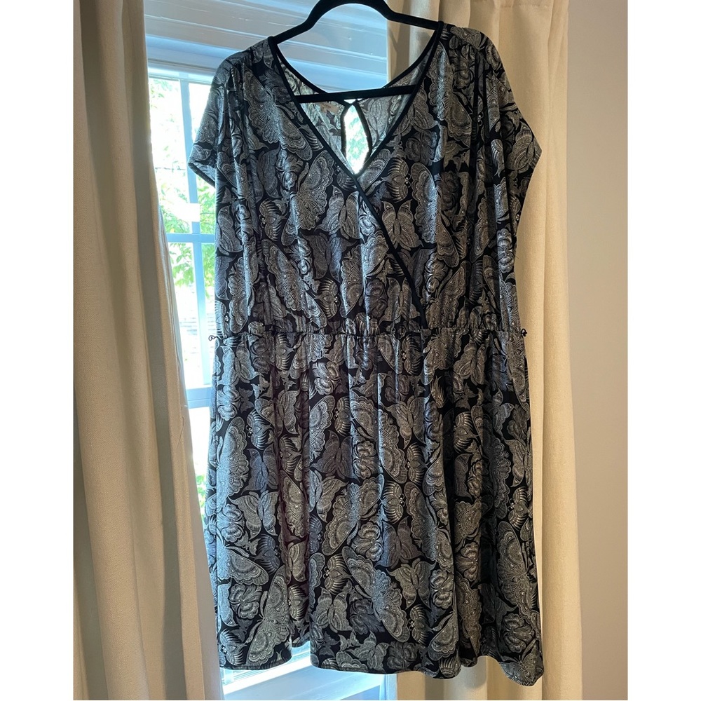 Black and white boho butterfly moth faux wrap dress